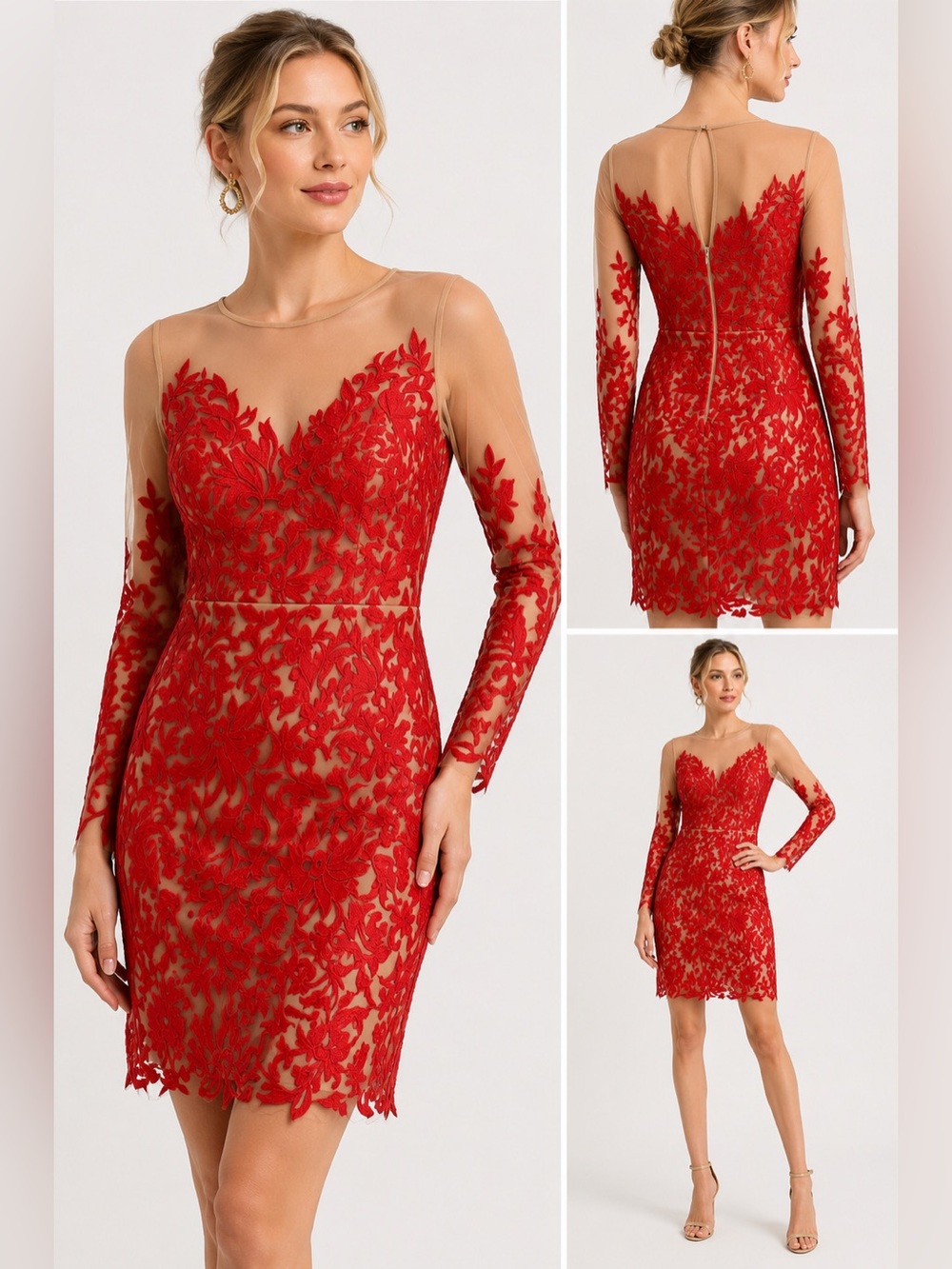 GB Red Embroidered Mesh Bodycon Cocktail Dress Illusion Long Sleeve Size L NWT